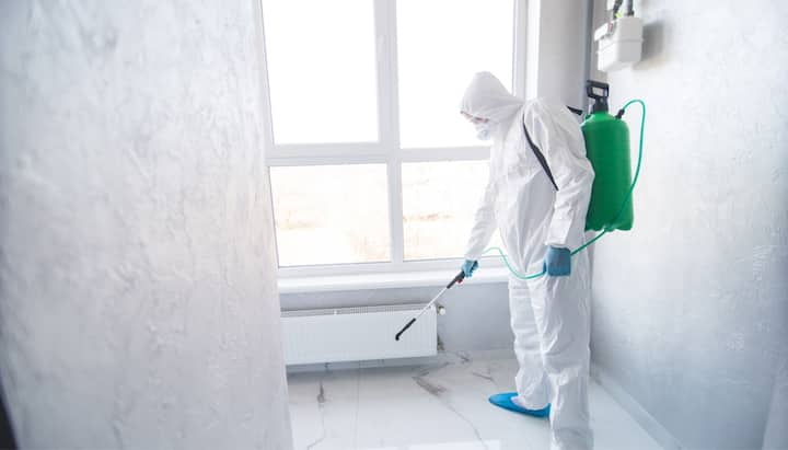 A certified mold inspector using specialized equipment to identify and locate mold growth in a residential property in Sarasota